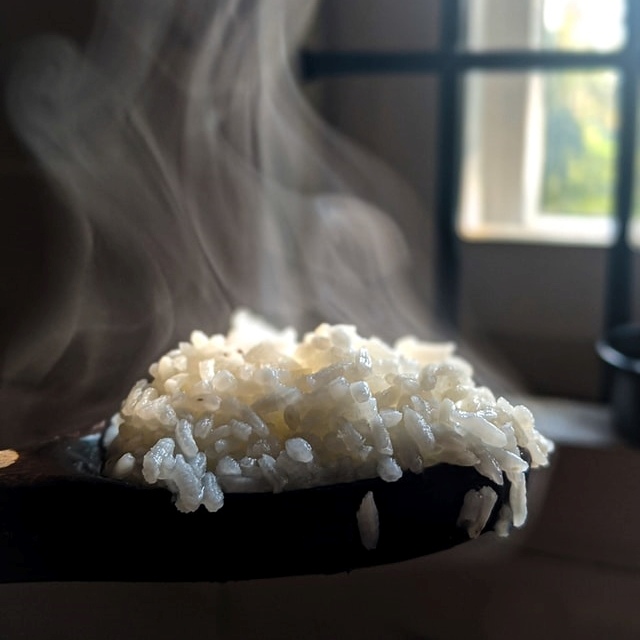 riz japonais cuit encore fumant et sur une cuillère en bois