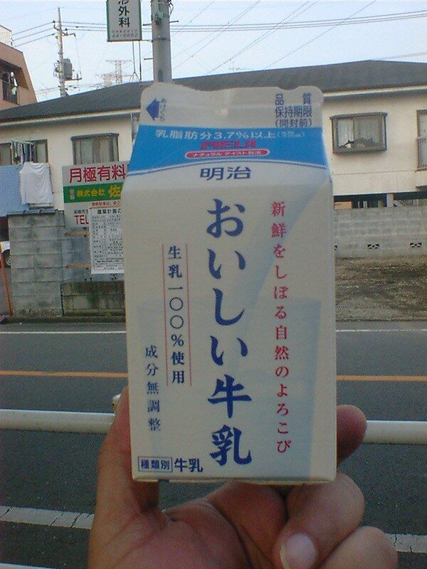 Une brique de lait japonaise sur laquelle on peut lire au milieu en bleu ce qu'on peut traduire par délicieux lait de vache. Oishii gyunyu en japonais. Oishii est une autre expression liée à la nourriture comme itadakimasu
