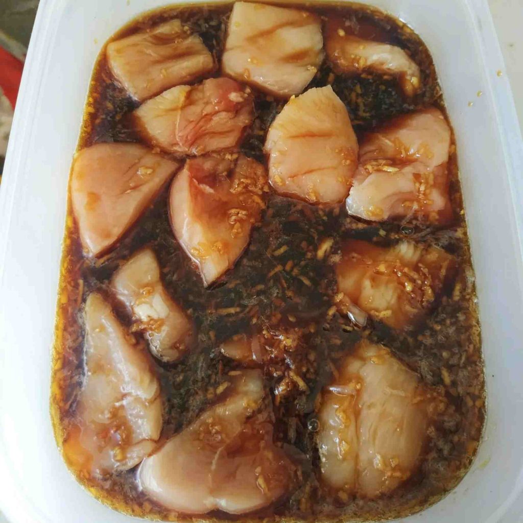 bouchées de poulet dans la marinade japonaise pour karaage