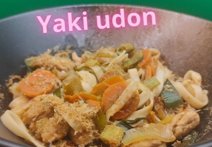 Une photo en gros plan d'un plat de yaki udon au poulet et aux légumes